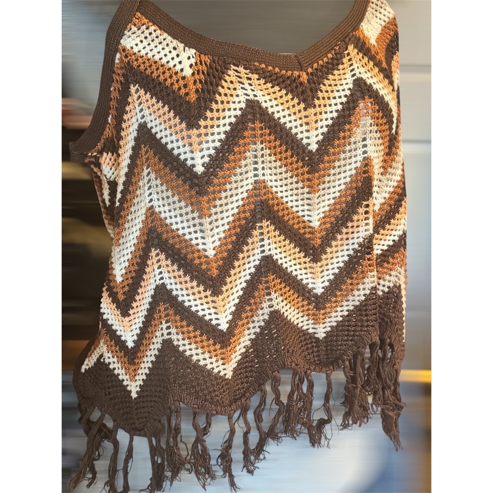 Y2K Chevron Crochet Fringe Crop Top Boho Festival Cami XL - Picture 2 of 5